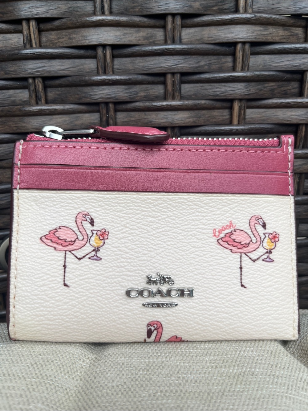 EUC Rare COACH Pink Flamingo Zip Card Case Keyring